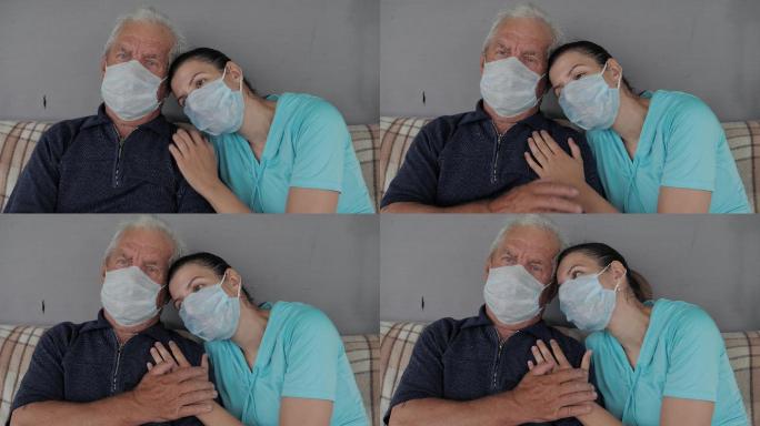 戴着医用口罩的父亲和女儿