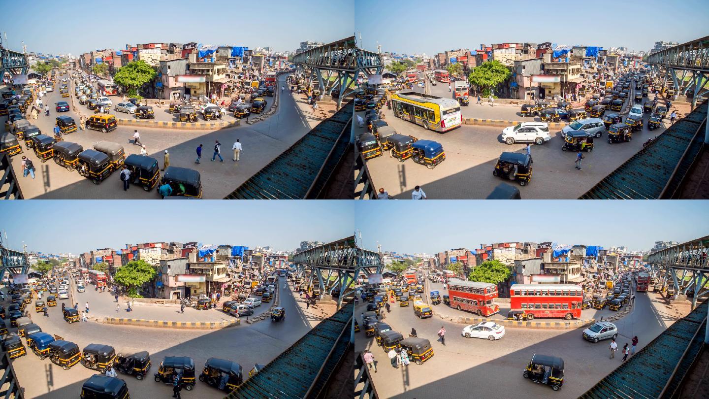 孟买达拉维贫困地区的白天交通。印度
