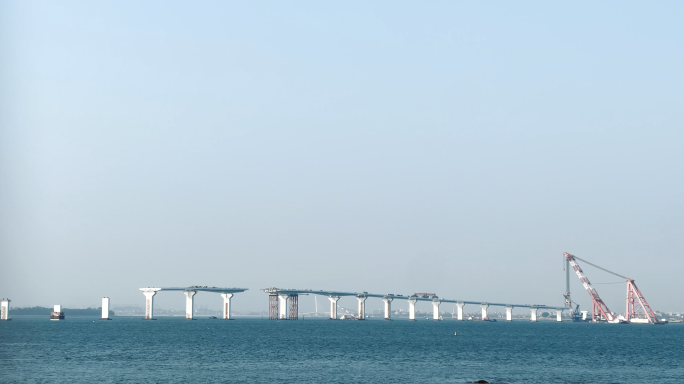 4k 建设中的跨海大桥 桥墩 跨海 施工