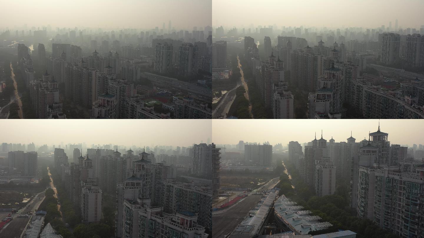 4K原素材-航拍薄雾中浦东新区城市全景