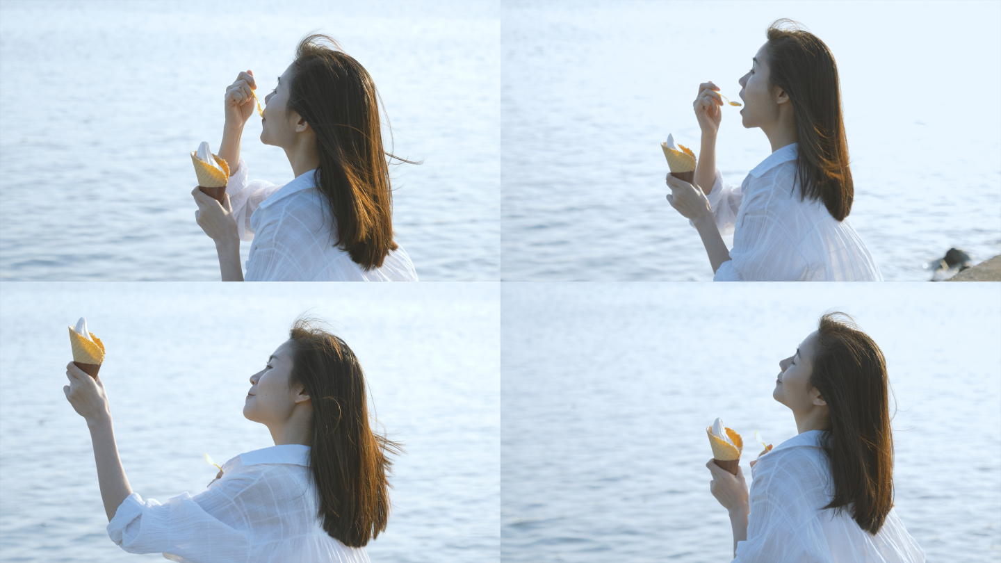 女孩在海边吃冰淇淋4k视频素材