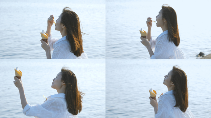 女孩在海边吃冰淇淋4k视频素材