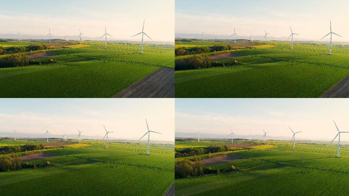 带风力涡轮机的夏季乡村鸟瞰图
