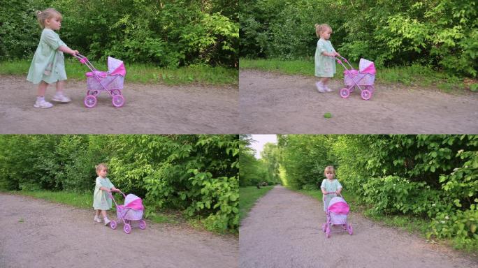带着婴儿车玩具在夏季公园散步的小女孩