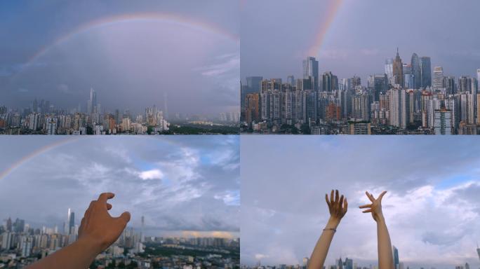 雨后双彩虹 城市高楼 舞动的双手 广州塔