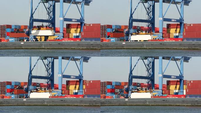 鹿特丹集装箱装载货轮船只吊桥进出口吞吐量