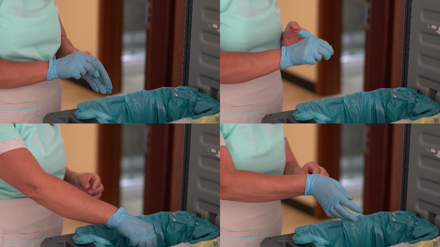 清洁女工脱下手套特写一次性防护