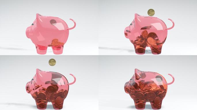 硬币落入一个粉红色的玻璃存钱罐