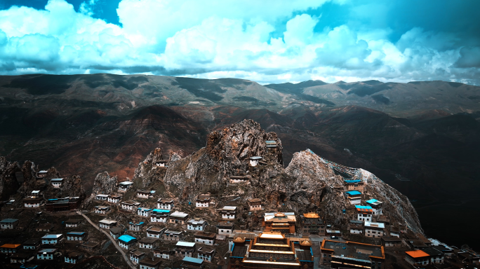 西藏山间山脉人文建筑风景航拍