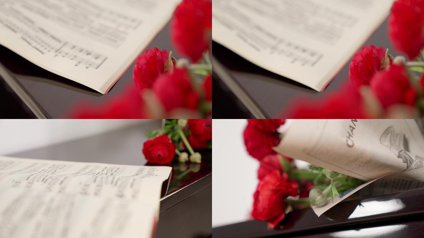 钢琴上的乐谱和玫瑰花 唯美的情人节空镜