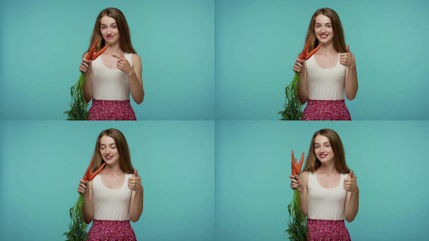 穿着夏装的可爱女孩闻着生胡萝卜，竖起拇指