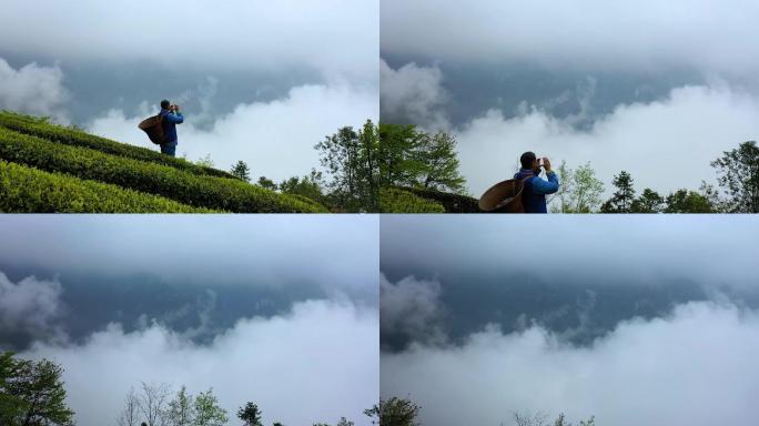 土家族民族老人在云雾缭绕的山中喊山歌