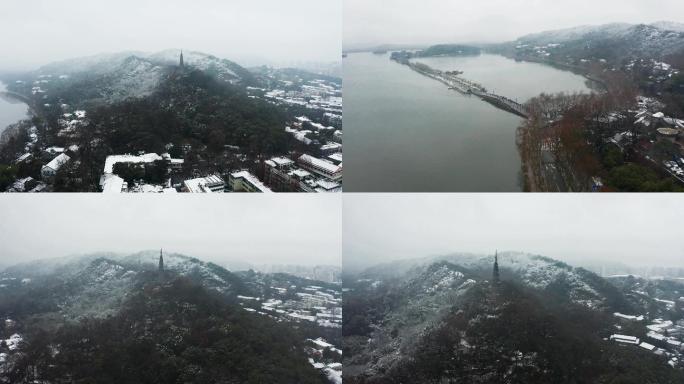 杭州西湖大雪天断桥残雪4K航拍