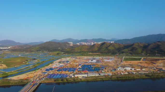 香港河套地区落马洲方舱建设-4k航拍
