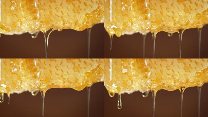 新鲜的蜂蜜从蜂巢中流出。
