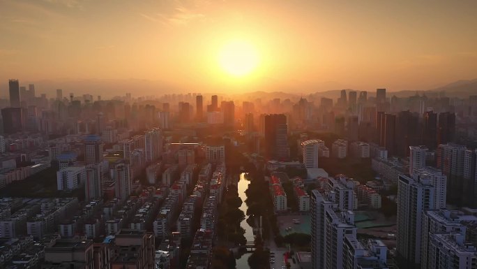 城市夕阳航拍