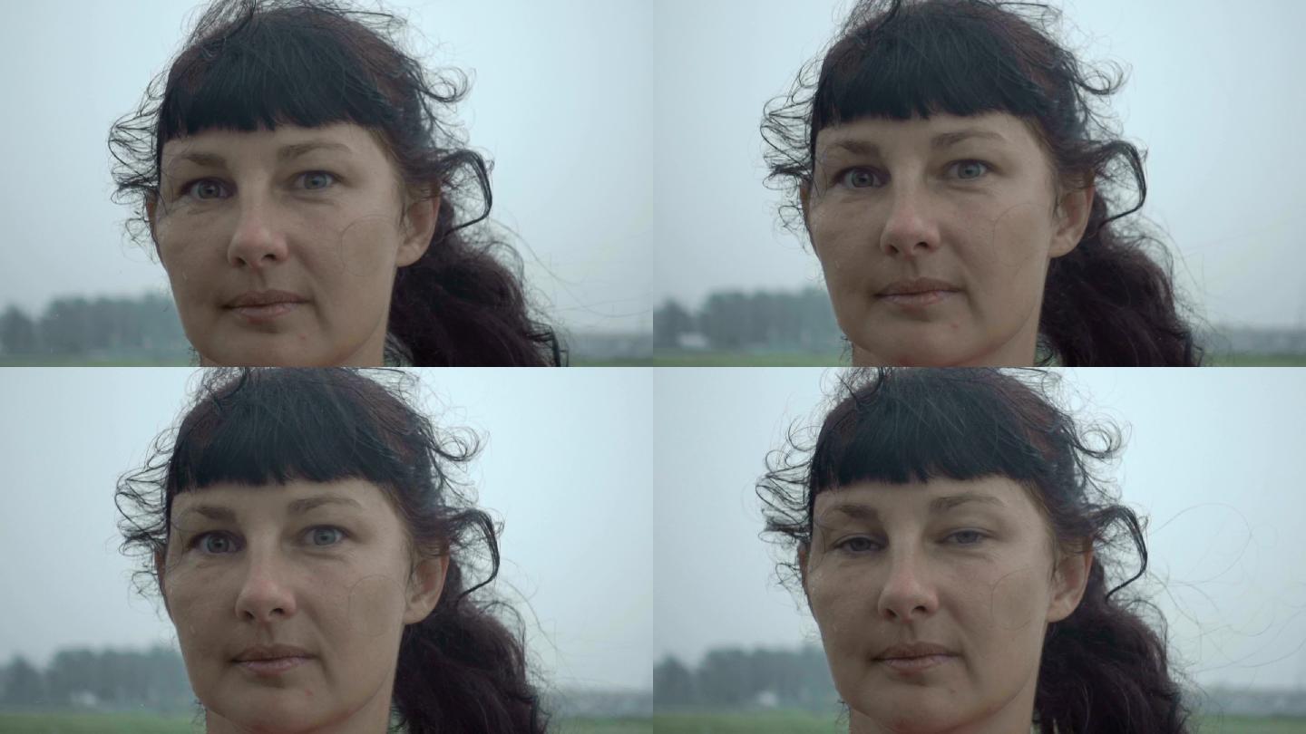 女人看着相机外国卷毛女人特写镜头雨天