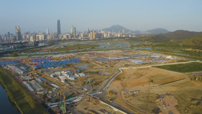 香港河套地区落马洲方舱建设4k航拍