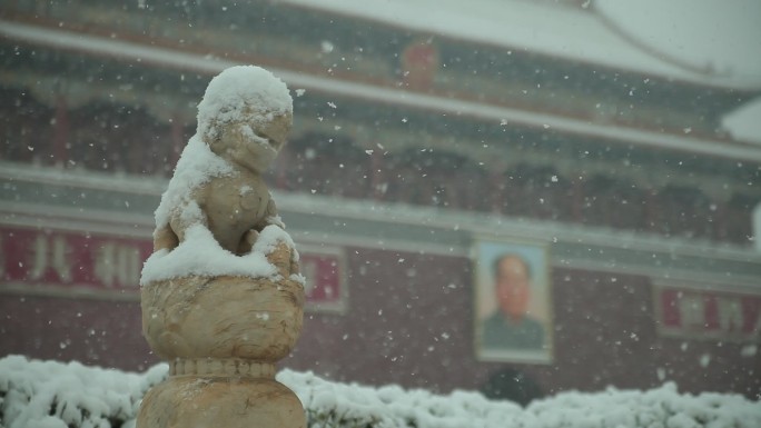 天安门石狮大雪冬天春雪