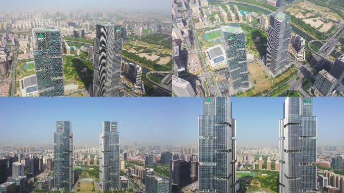 4K航拍河南郑州绿地双子塔城市大景