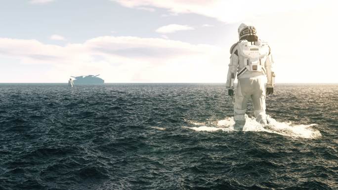 宇航员在水上星球上向他的宇宙飞船走去。