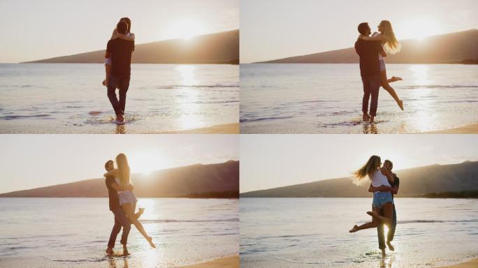 年轻夫妇在海滩上拥抱