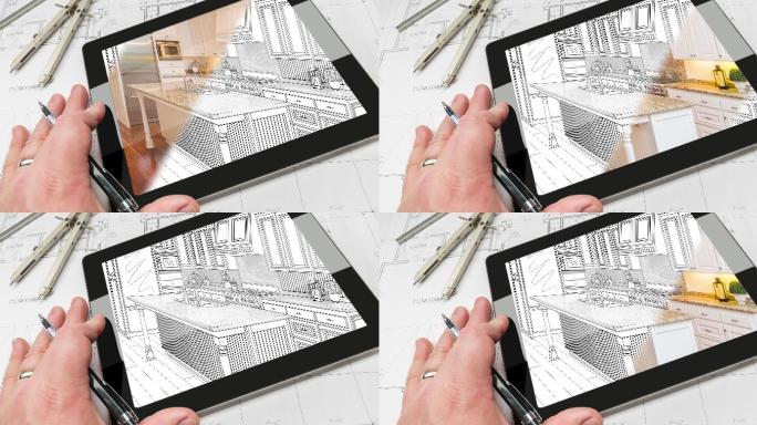 电脑平板上的手绘厨房