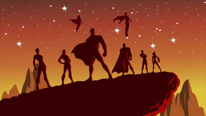 超级英雄团队舞台背景二维扁平超人总动员