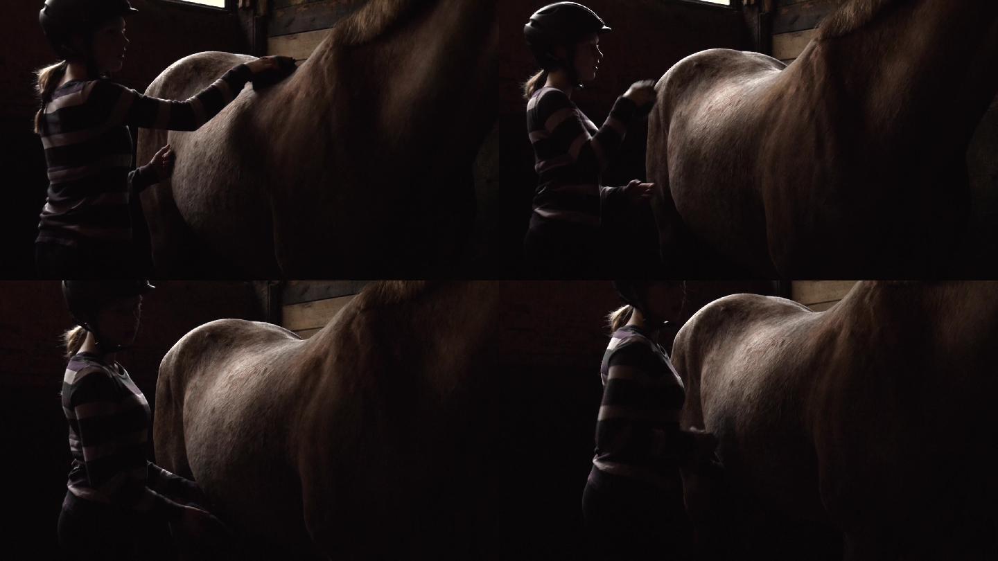 十几岁的女孩在刷马。