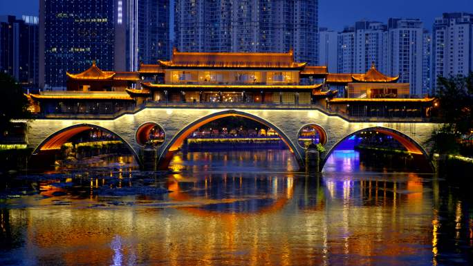 城市夜景古建筑倒影旅游古镇小镇风雨桥照明