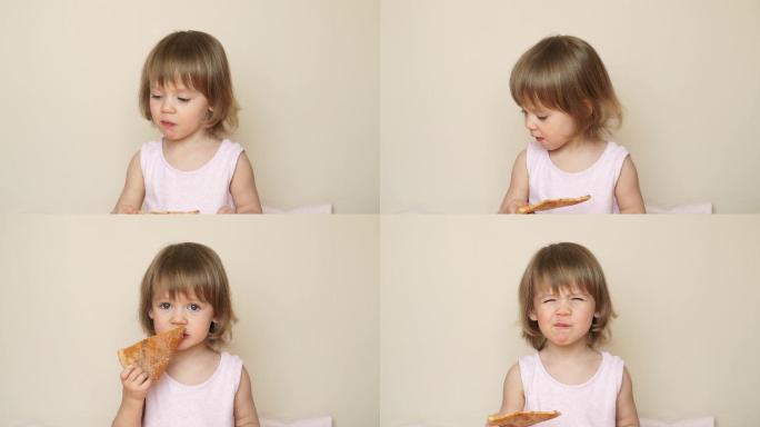 小女孩大口大口地吃着美味的披萨