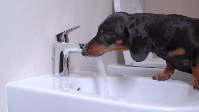 可爱猎犬正在坐水槽里的水龙头喝水解渴