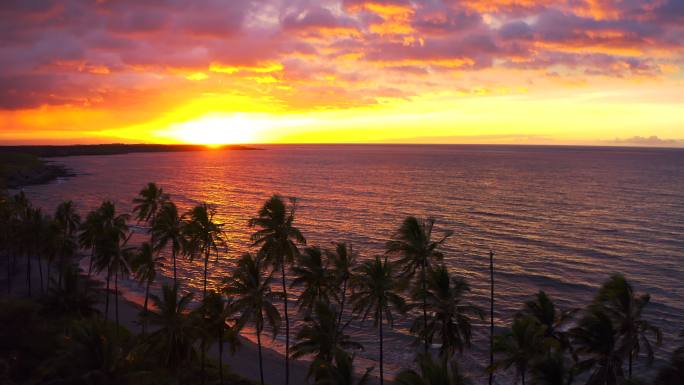 夏威夷大岛夕阳海平面沙滩空镜潮水涨潮