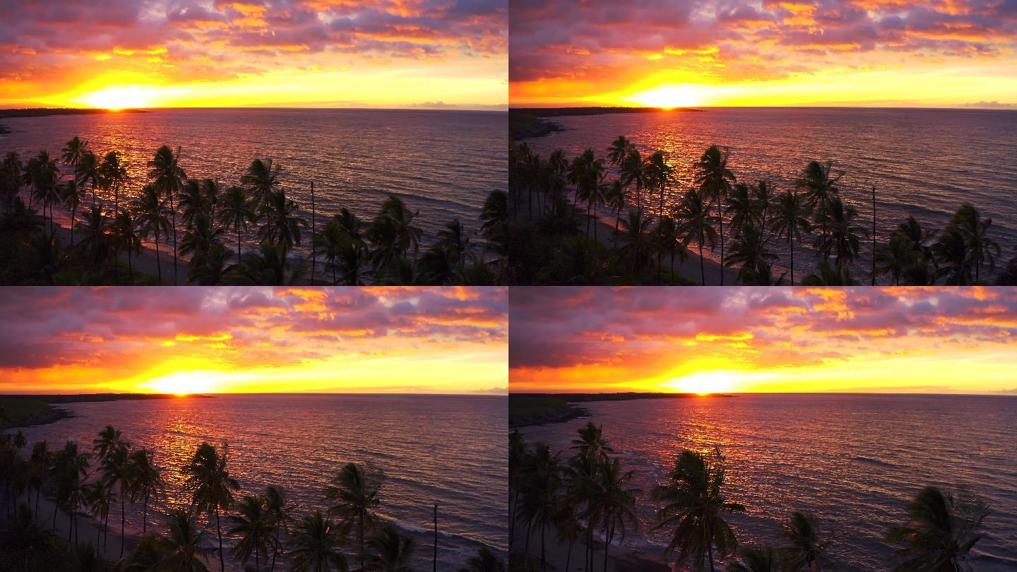 夏威夷大岛夕阳海平面沙滩空镜潮水涨潮