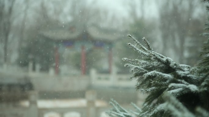 雪中的水榭凉亭北方园林