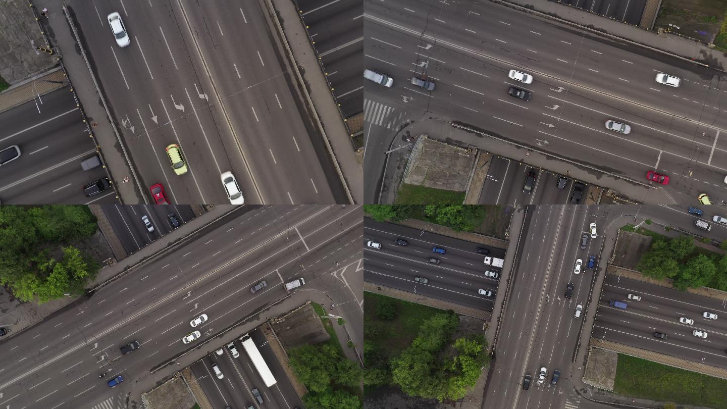 多层交叉路口的汽车交通俯视图。