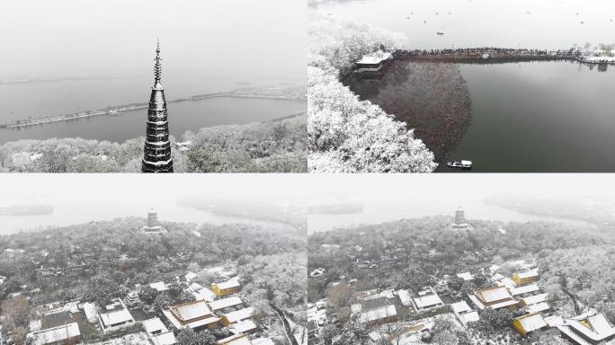 4K实拍杭州西湖下雪天风光风景航拍