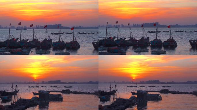 青岛西海岸唐岛湾海边码头渔船旗帜日落国庆