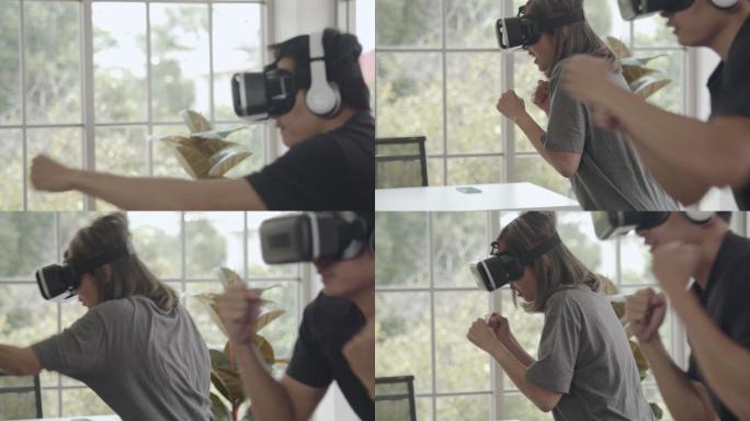 年轻情侣在虚拟现实中进行VR拳击训练