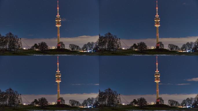 慕尼黑奥运塔在夜间的时间流逝。