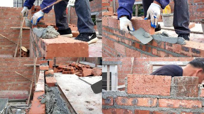 农村建房泥水师傅工人沏砖起墙红砖水泥