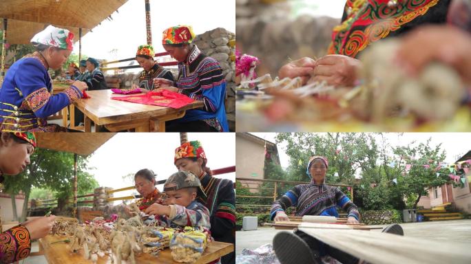 彝族手工刺绣妇女儿童织布