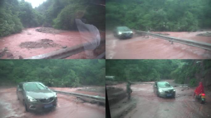 车辆行驶在暴雨后的泥泞道路上