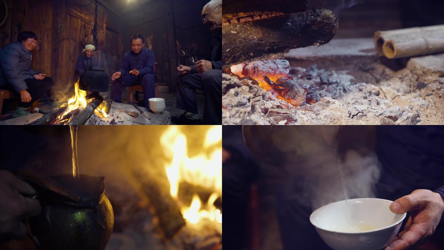 土家族村民围着火坑传统泡茶饮茶土罐茶