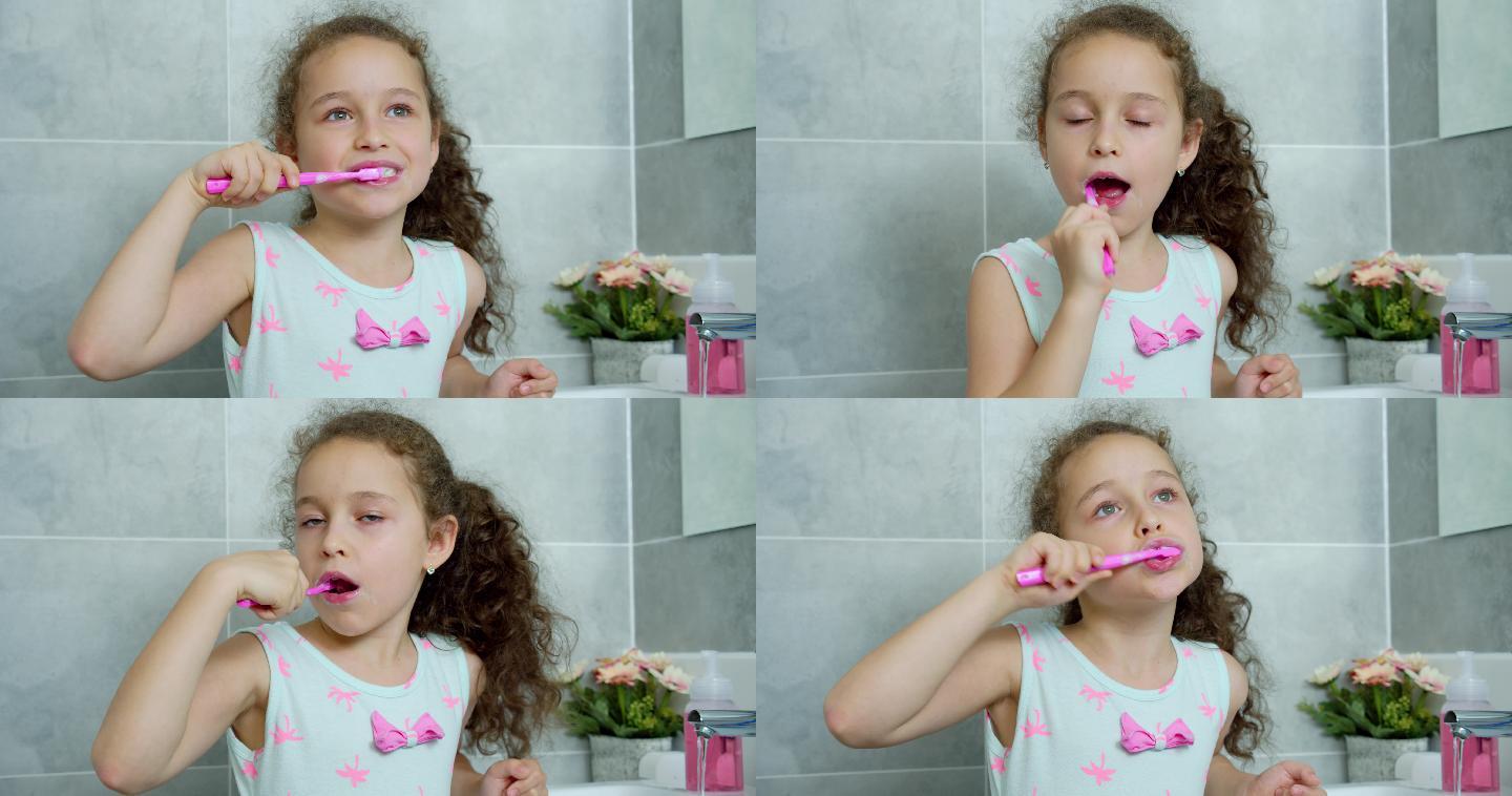 快乐可爱的少女在浴室刷牙
