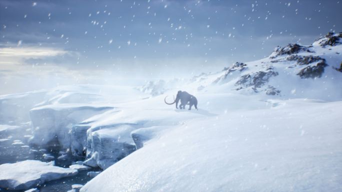 长毛象在暴风雪中沿着冰雪覆盖的冰川行走