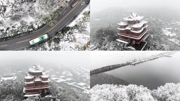 杭州西湖下雪天风光4K全景航拍