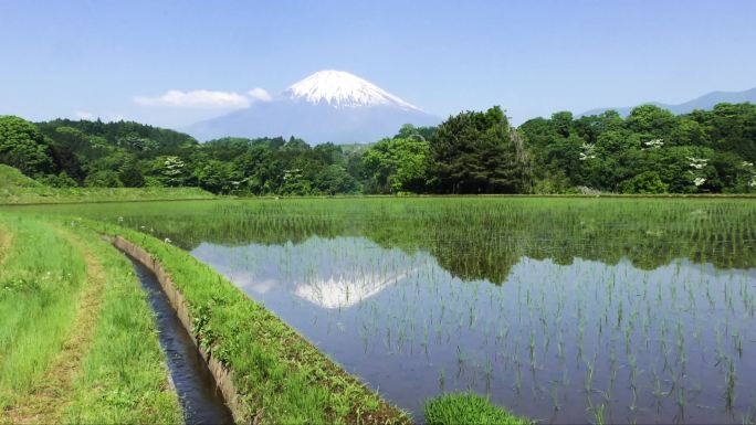 倒转的富士山和水田里倒映的运河