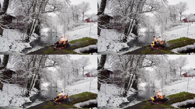 冬天河岸上温暖的篝火。