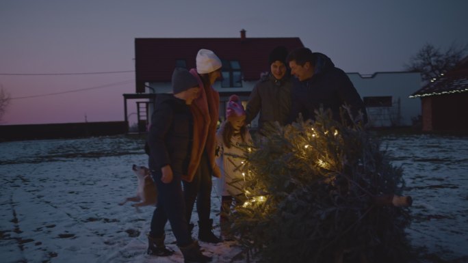 一家人在自家后院欣赏圣诞树